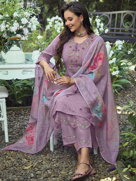 Indo Era Lavender & Red Floral Embroidered Pure Cotton Kurta With Trousers & Dupatta - Distacart