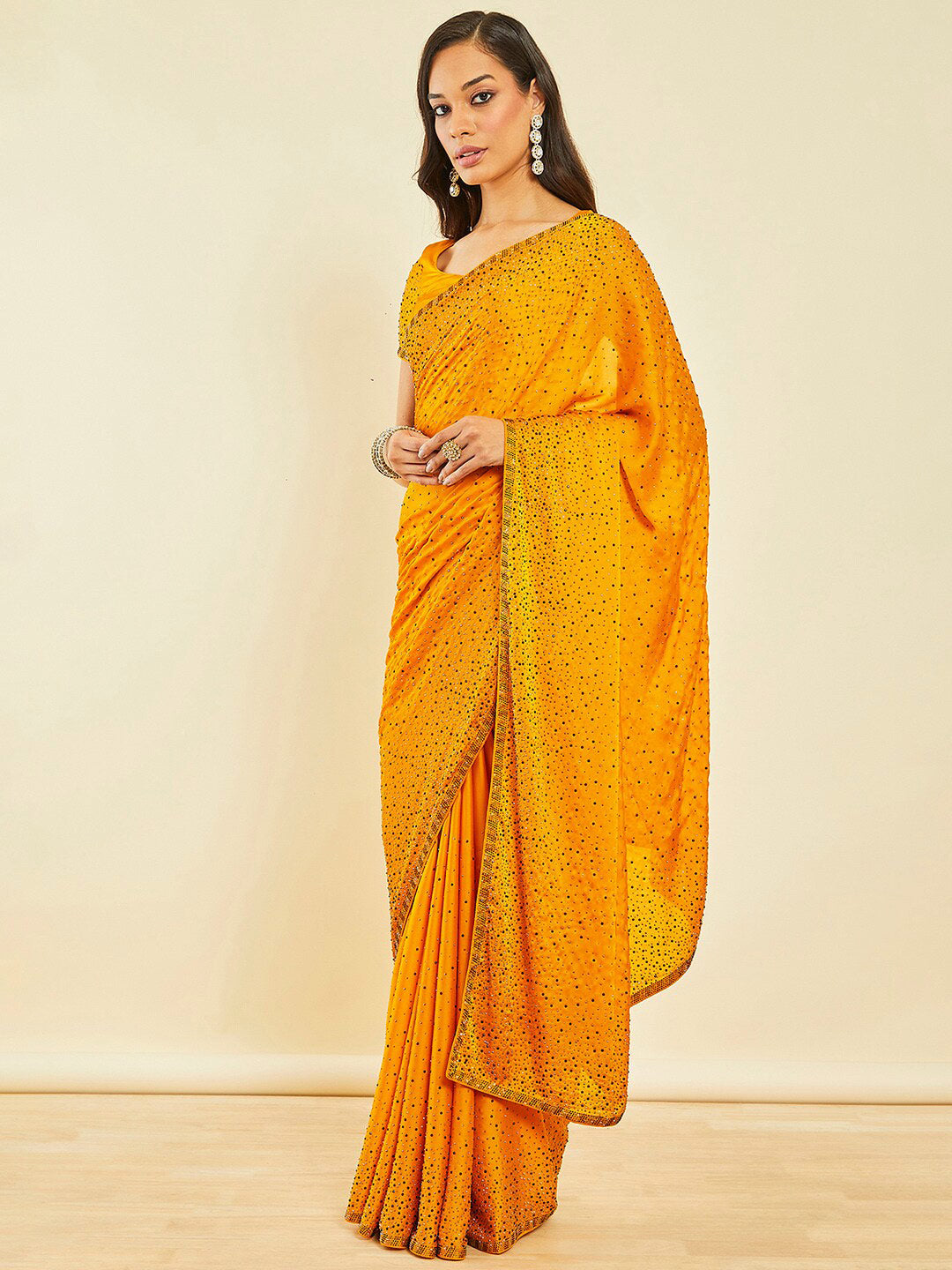 Soch Mustard Yellow Embellished Beads and Stones Pure Crepe Saree - Distacart