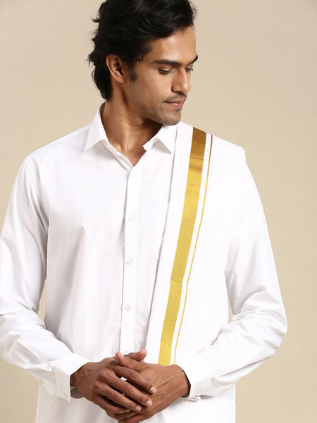 Ramraj Cotton Mens Premium Wedding Cotton White Dhoti with shirt Bit & Towel Set - Distacart