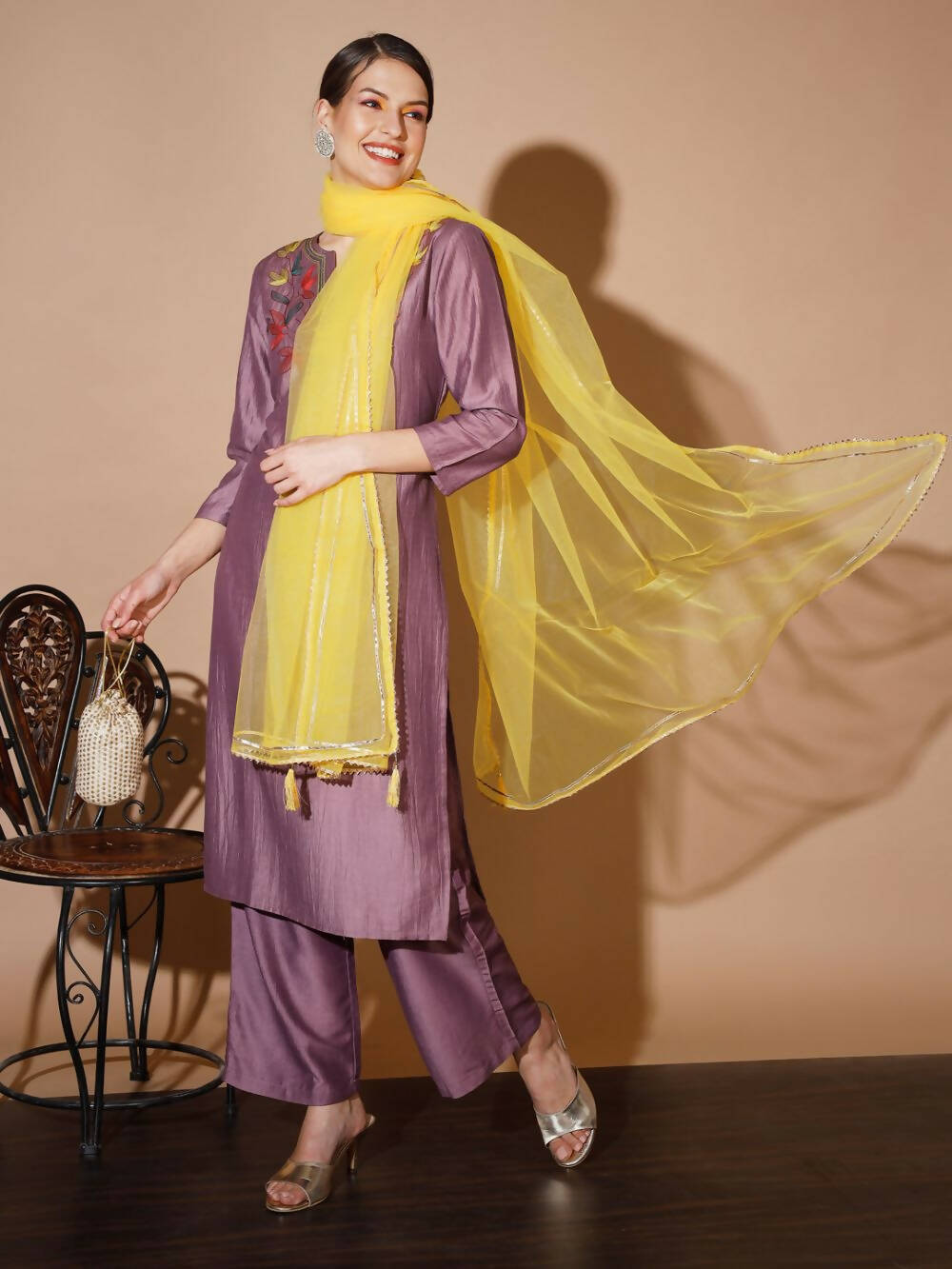 Myshka Mauve Solid Kurta & Palazzos With Dupatta - Distacart