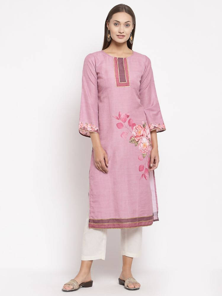 Myshka Women's Pink Cotton Printed Full Sleeve Round Neck Casual Kurta