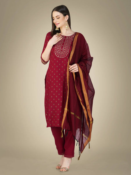 Aastha Fashion Women's Maroon Cotton Magic Slub Embroidery & Sequence Work Kurta with Trouser & Dupatta - Distacart