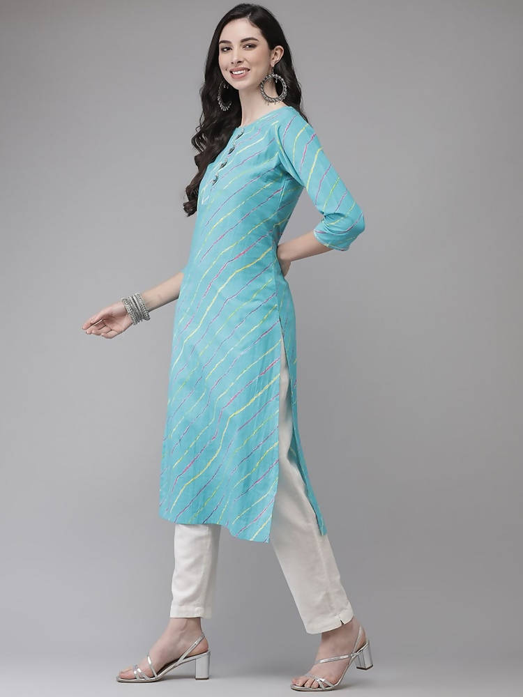 Yufta Women Turquoise Blue & Multicoloured Leheriya Printed Gotta Patti Kurta