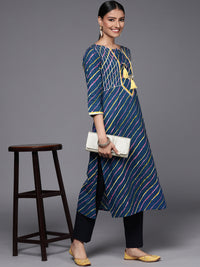 Thumbnail for Varanga Blue Cotton Printed Straight Kurta With Lace Detailings - Distacart