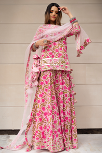 Thumbnail for Pomcha Jaipur Tulsi Pink Cotton Hand Block Skirt Set - Distacart