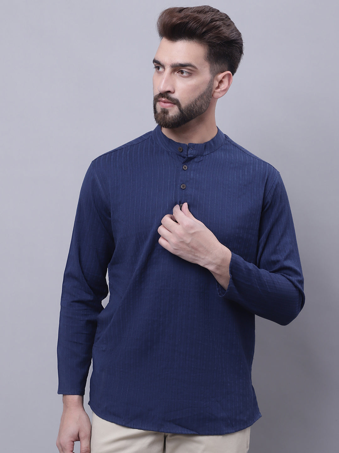 Even Apparels Blue Pure Cotton Short Kurta With Band Collar - Distacart