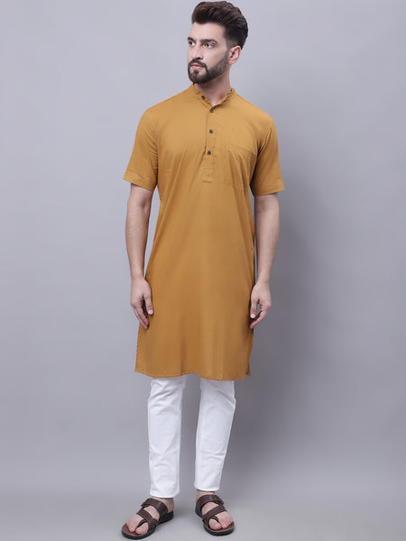 Even Apparels Mustard Pure Cotton Short Sleeves Kurta With Band Collar - Distacart