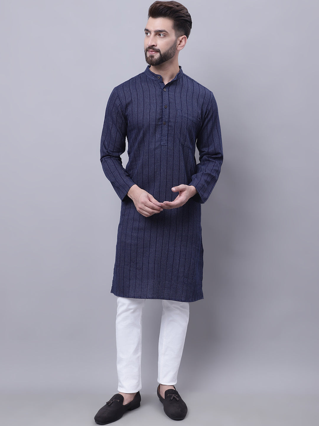 Even Apparels Blue Pure Cotton Kurta With Band Collar - Distacart