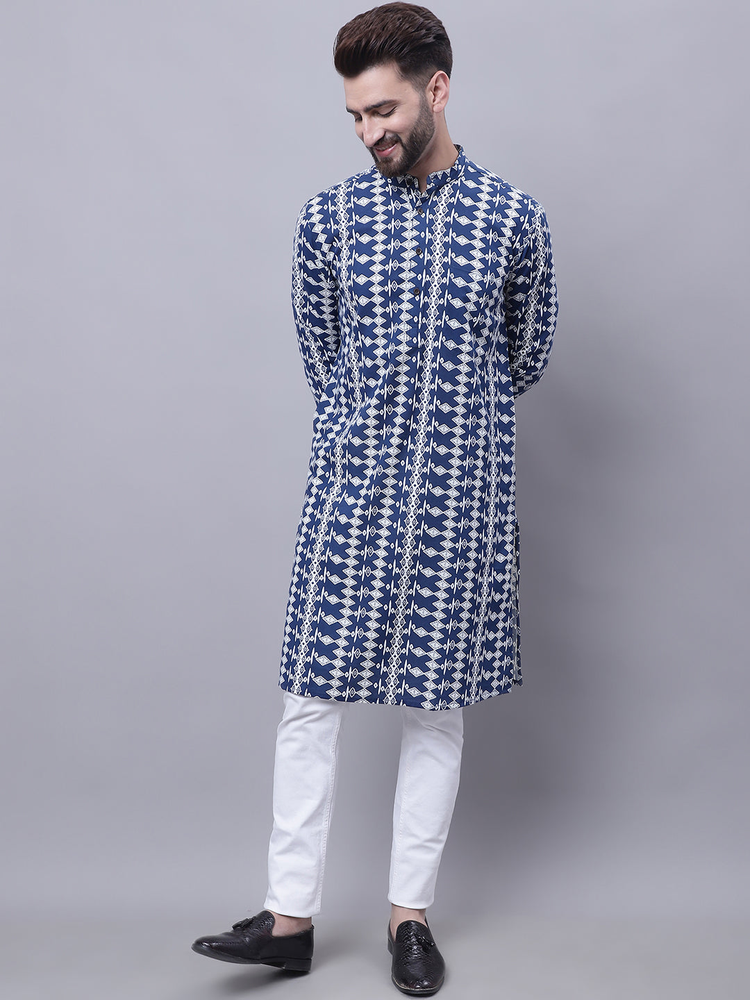 Even Apparels Blue Pure Cotton Kurta With Band Collar - Distacart