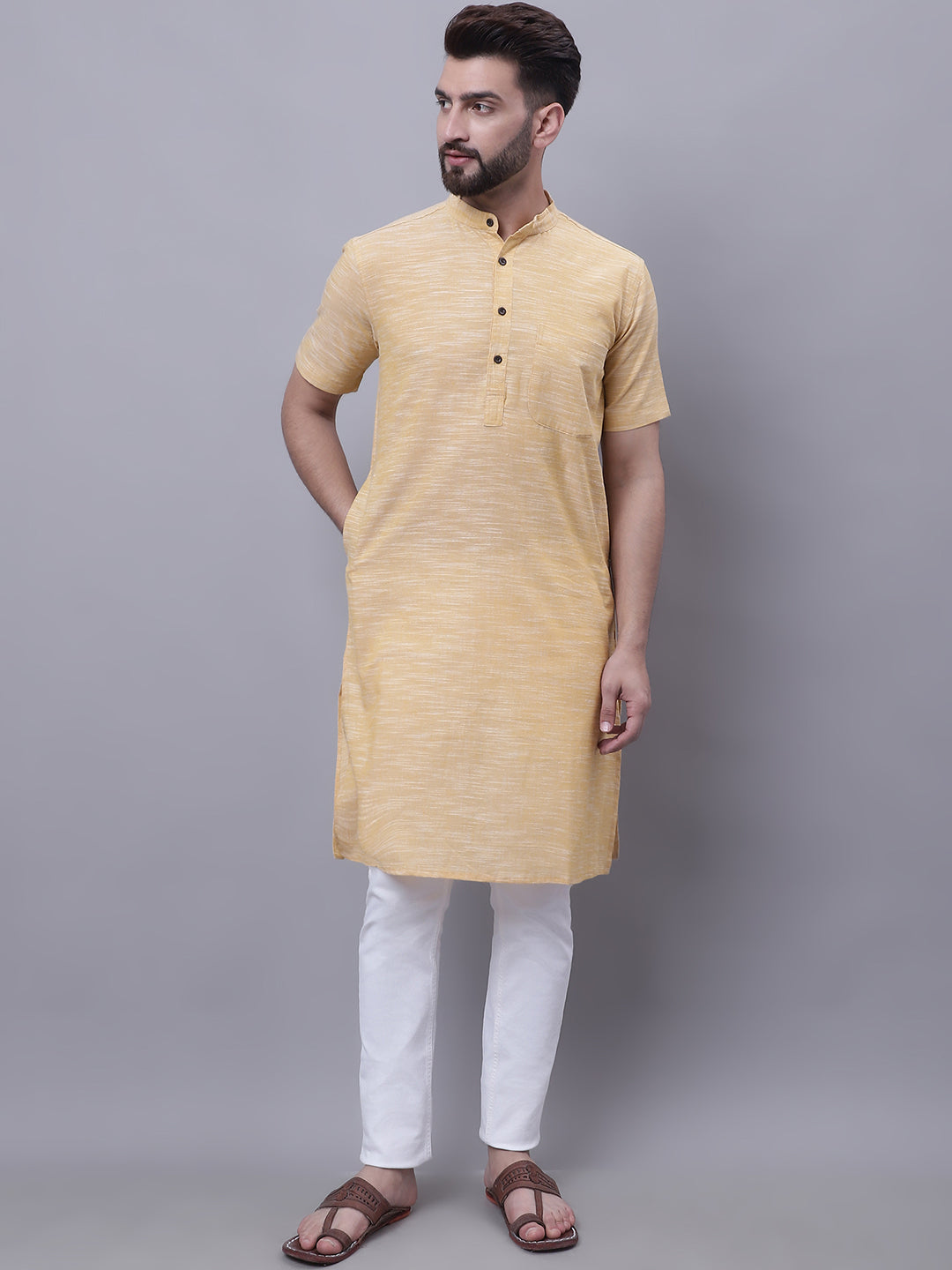 Even Apparels Yellow Pure Cotton Short Sleeves Kurta With Band Collar - Distacart