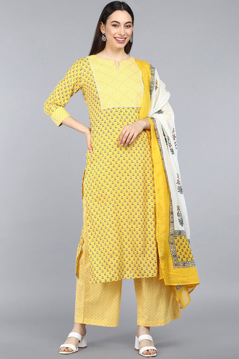 Women's Yellow Pure Cotton Straight Kurta Pant With Dupatta - Rasiya - Distacart