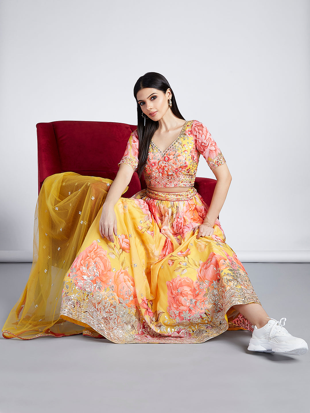 Buy Yellow Chanderi Silk Printed And Embroidered Vintage Plunge Lehenga Set  For Women by Alaya Advani Online at Aza Fashions.