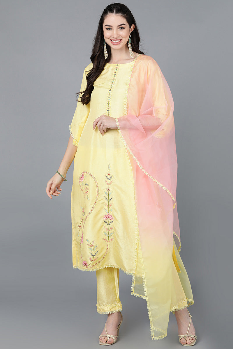 Women's Yellow Poly Silk Straight Kurta Pant With Dupatta - Rasiya - Distacart