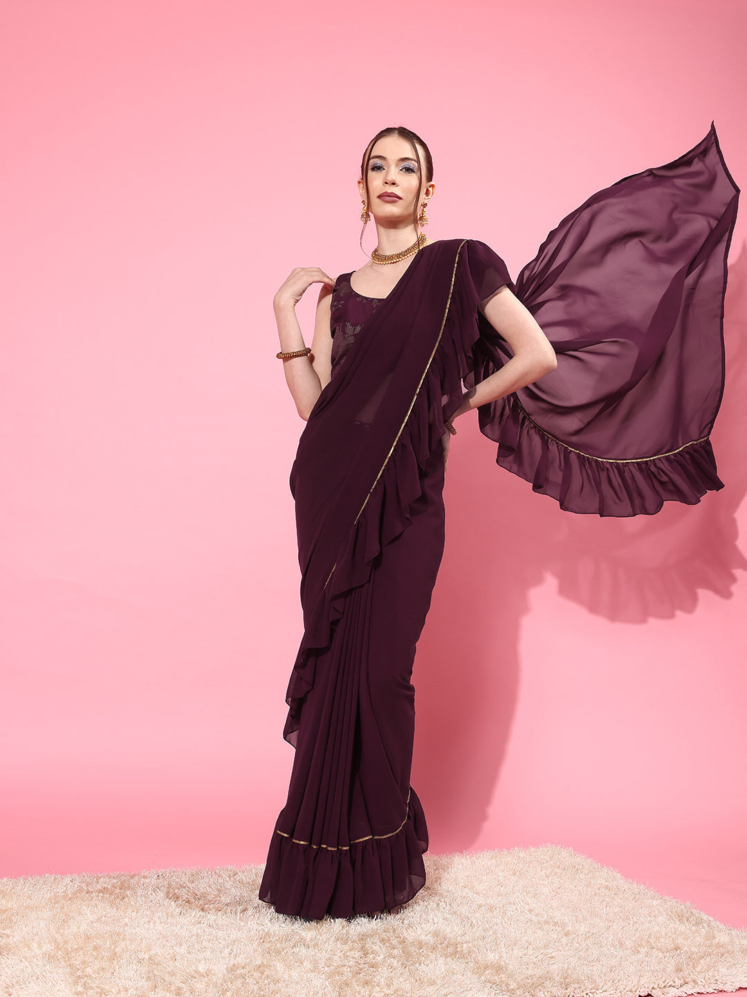 Buy Saree Mall Purple Solid Poly Georgette Party Saree With Matching Blouse  - Sarees for Women 16576244 | Myntra