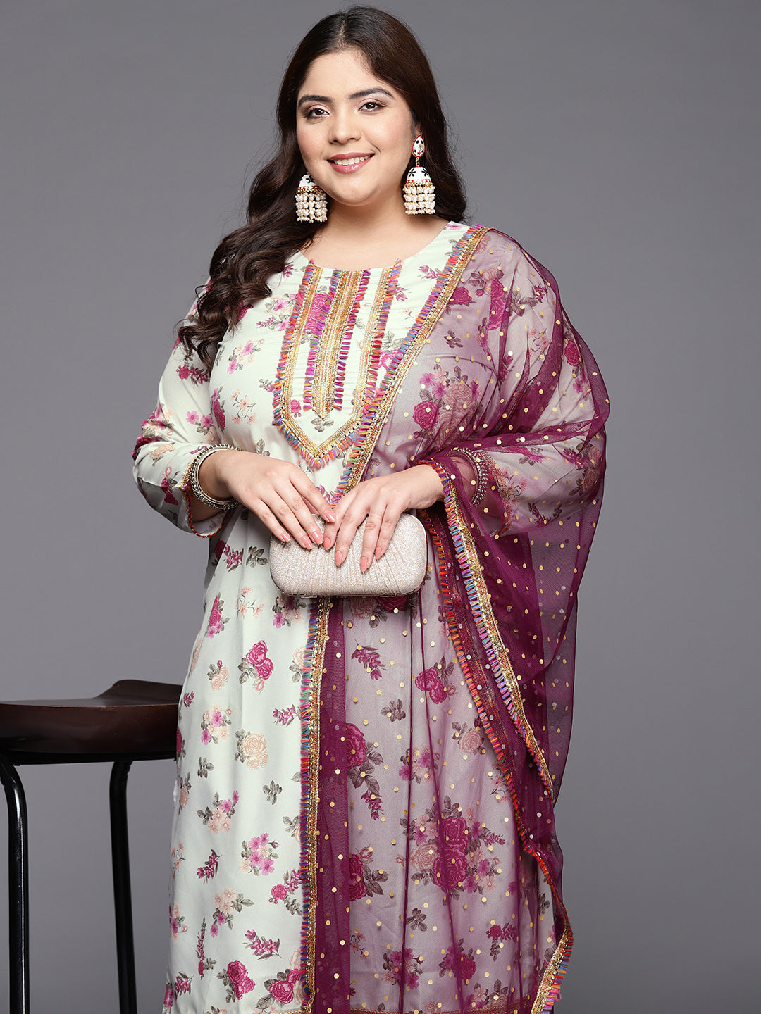 Ahalyaa Plus Size Floral Printed Zari Kurta with Palazzos & With Dupatta - Distacart