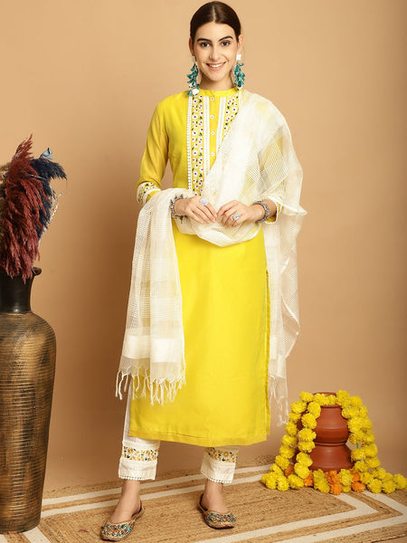 NOZ2TOZ Women Lemon Yellow Chanderi Trouser Dupatta Set - Distacart