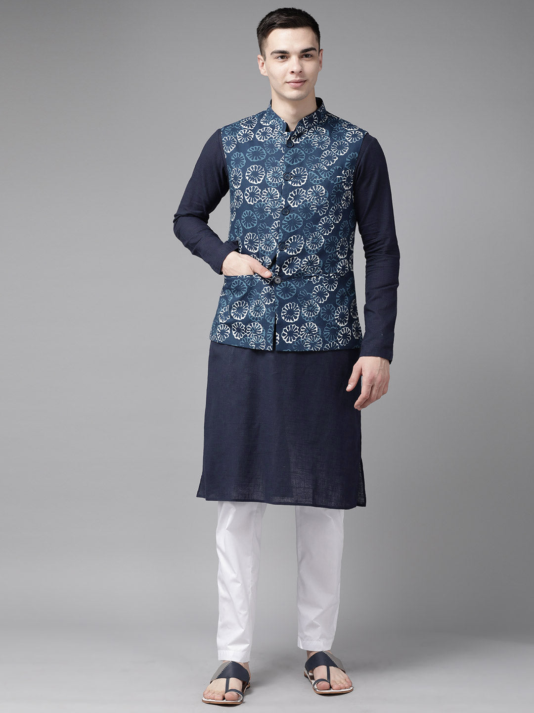 White Designer Kurta Pajama Jacket Set Online at Best Price - Rutbaa