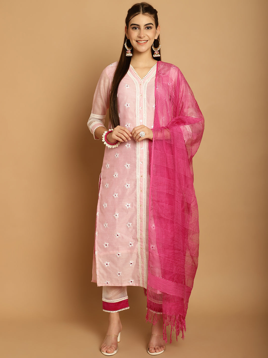 NOZ2TOZ Women Pink Chanderi Trouser Dupatta Set - Distacart