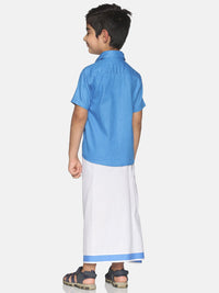 Thumbnail for Sethukrishna Boys Blue & White Solid Shirt and Veshti Set - Distacart