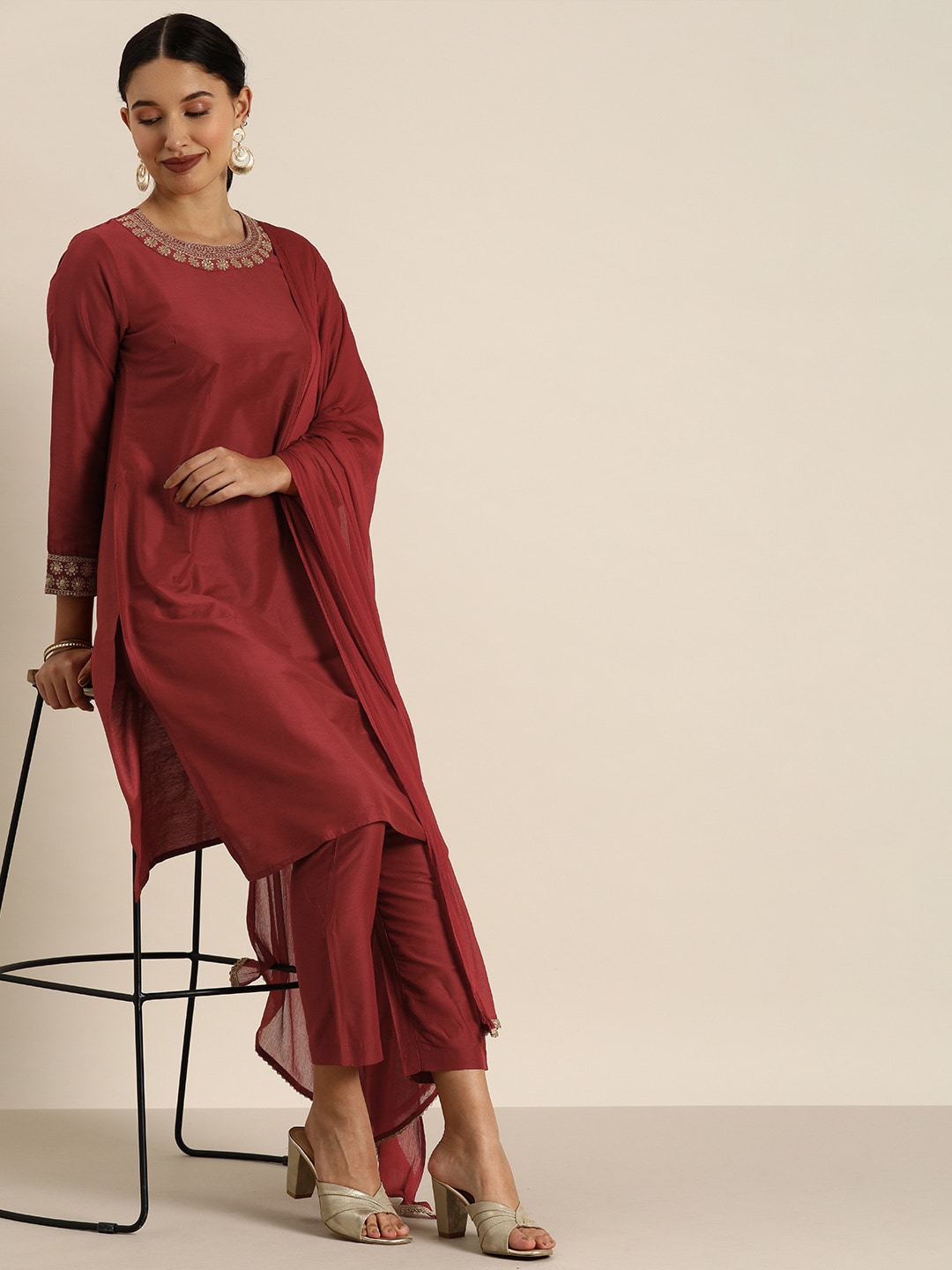 All About You Women Maroon & Golden Satin Finish Kurta with Trousers & With Dupatta - Distacart