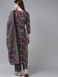 Thumbnail for Yufta Women Navy Blue & Red Floral Printed Pure Cotton Kurta with Trouser and Dupatta