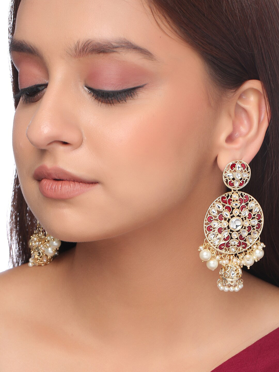 Lovely Maroon & White Aashiqui-2 Jhumkas with Polki - Zakarto