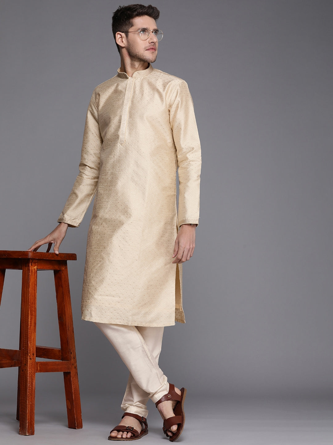 Manyavar Men Beige Ethnic Motifs Thread Work Kurta with Churidar - Distacart