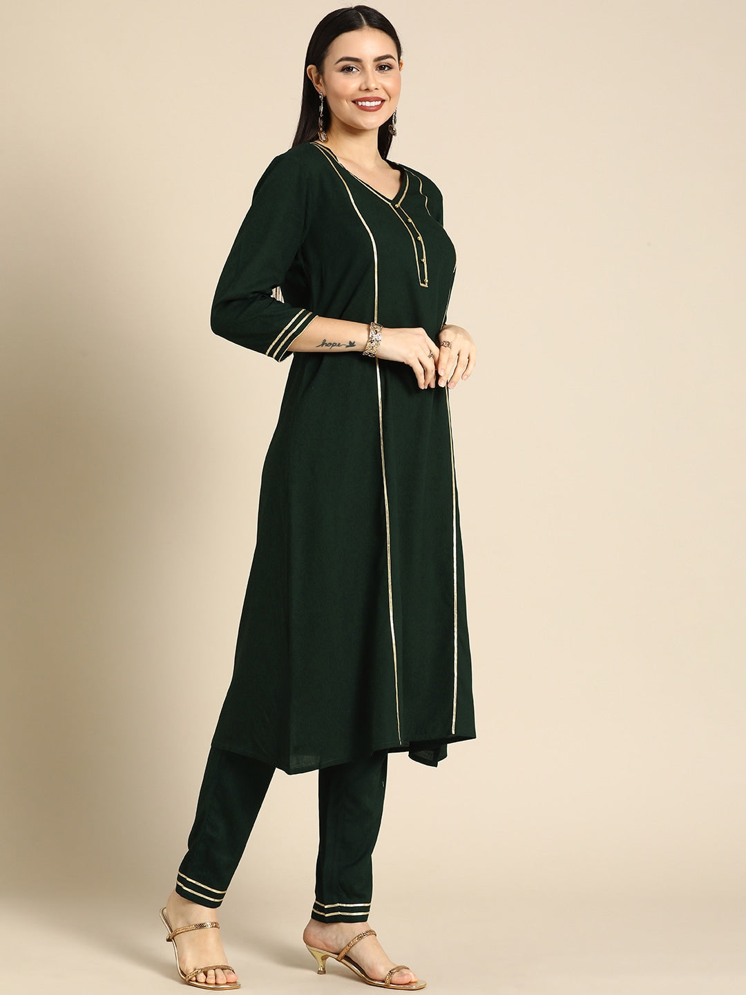 All About You Women Green & Gold-Toned Gotta Patti Kurta with Trousers & With Dupatta - Distacart