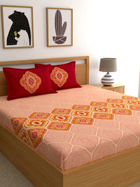 Thumbnail for Dreamscape Pink Ethnic Motifs 144 TC Cotton 1 Queen Bedsheet with 2 Pillow Covers - Distacart