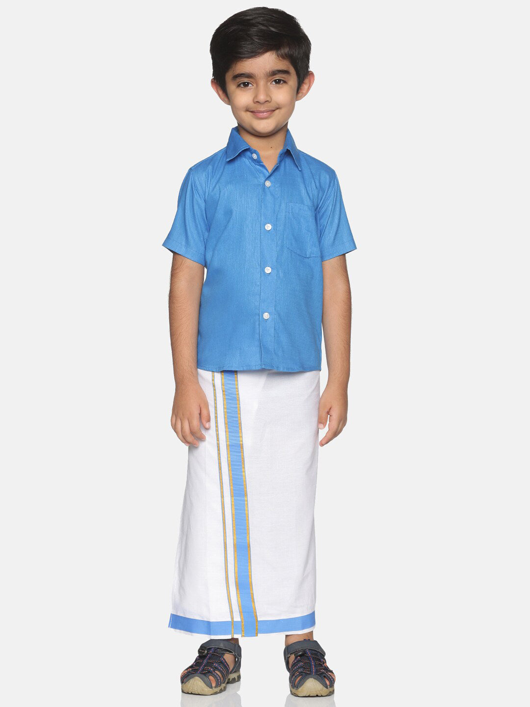 Sethukrishna Boys Blue & White Solid Shirt and Veshti Set - Distacart