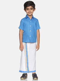 Thumbnail for Sethukrishna Boys Blue & White Solid Shirt and Veshti Set - Distacart