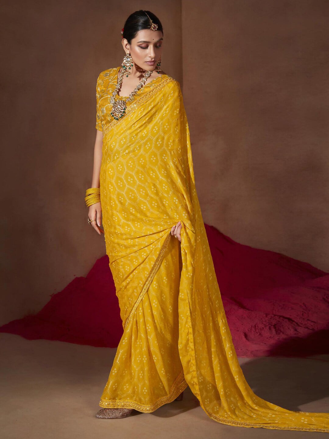 Buy online Pure Georgette Digital Printed Bandhani Saree with Rich Pallu -  Yellow-AF248