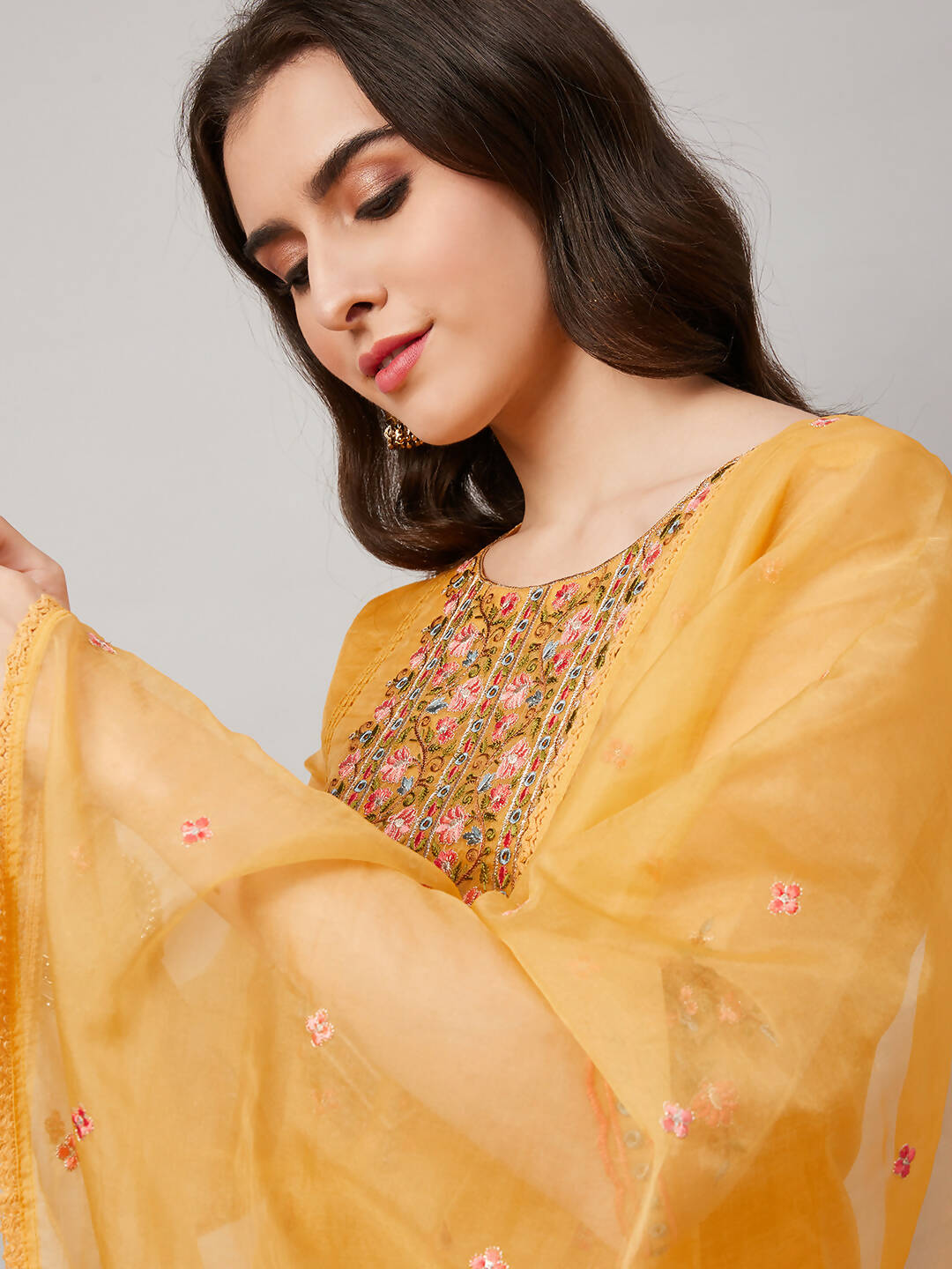 Yellow Organza Embroidered Kurta with Bottom & Dupatta - Salimar - Distacart