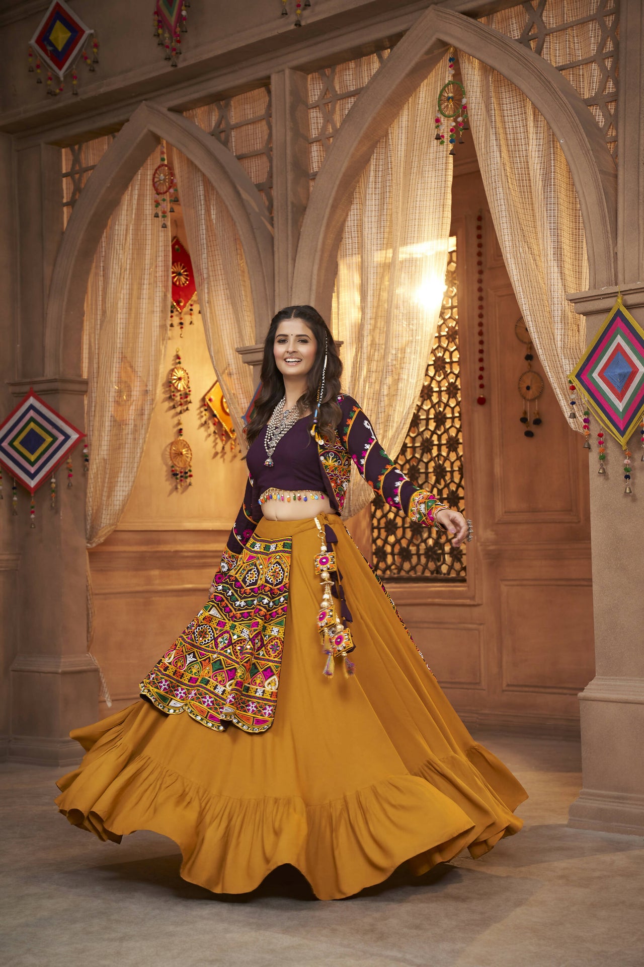 Mustared Yellow Viscose Rayon Thread Embroidered Work With Mirror All Over Navratri Lehenga Choli With Dupatta - Raas - Distacart