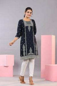 Thumbnail for Juniper Women Navy Blue Rayon Printed Knee Length Straight Kurta - Distacart