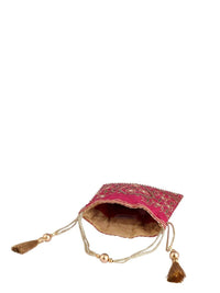 Thumbnail for Masq Pink & Gold-Toned Embellished Embroidered Potli Clutch - Distacart