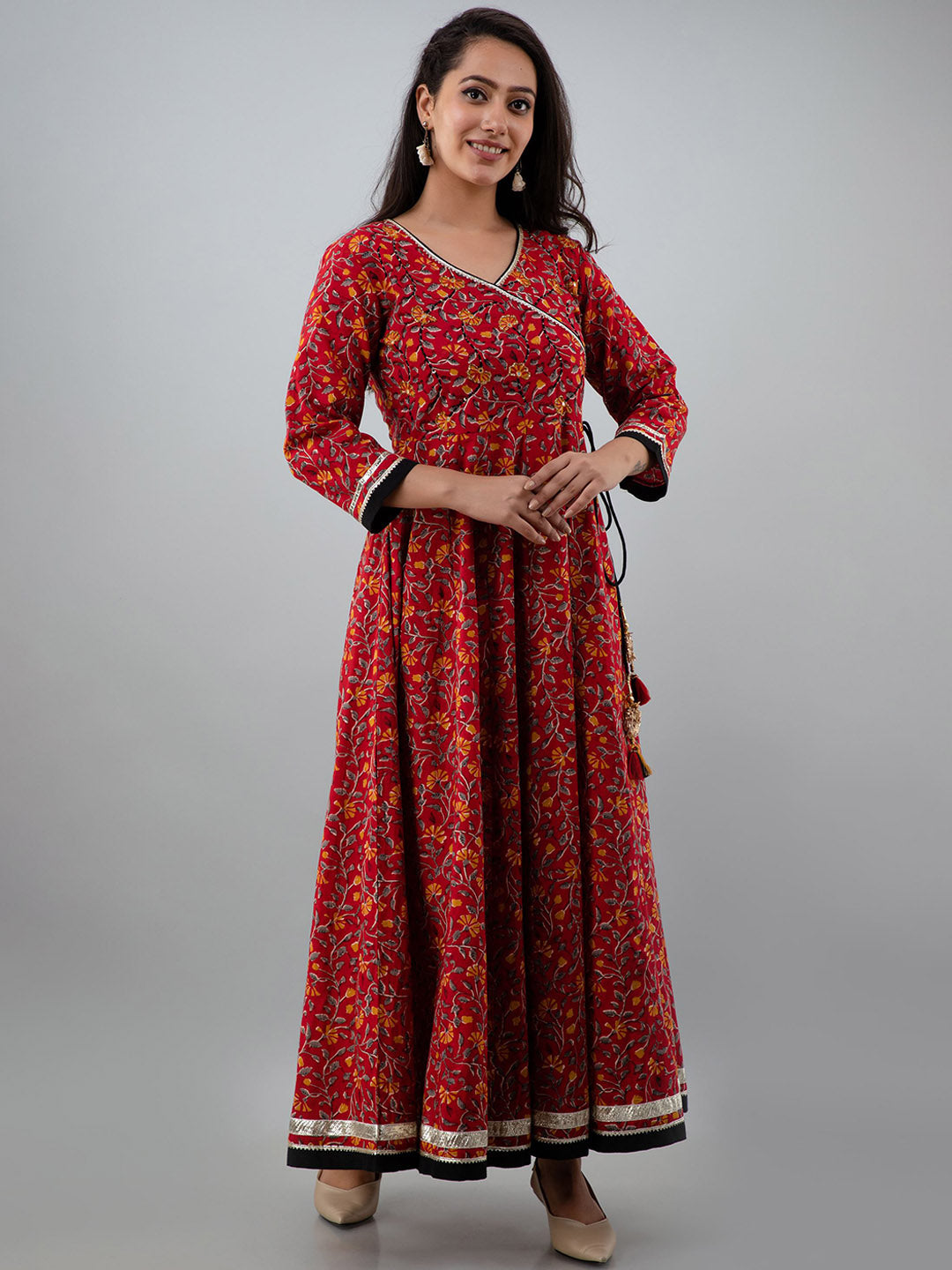 Kalini Women Red Ethnic Motifs Printed Gotta Patti Cotton Anarkali Kurta - Distacart