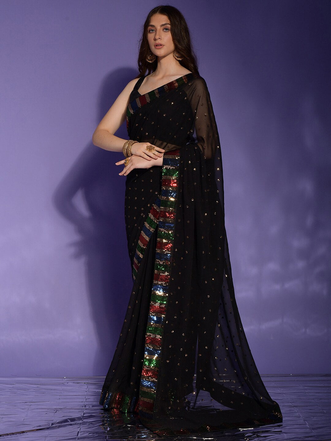 Anouk Black & Red Embellished Sequinned Pure Georgette Saree - Distacart