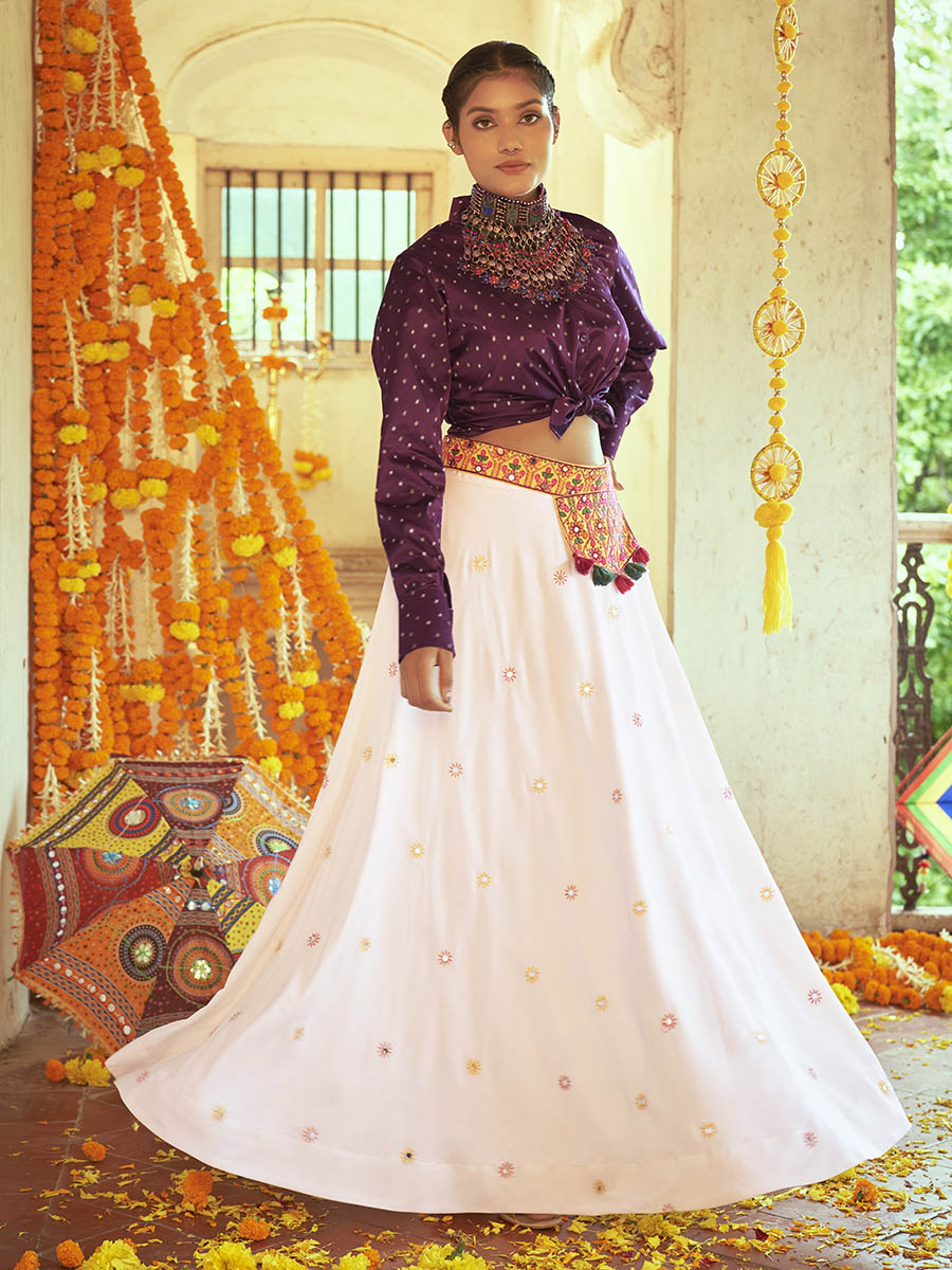 Purple and white color georgette lehenga with sequince embroidered work