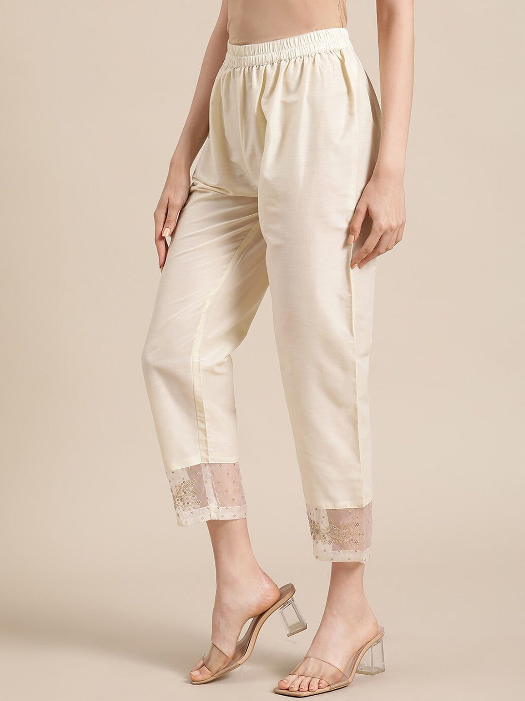 Varanga Varanga Off White Silk & Organza Zari Embellished Trousers - Distacart