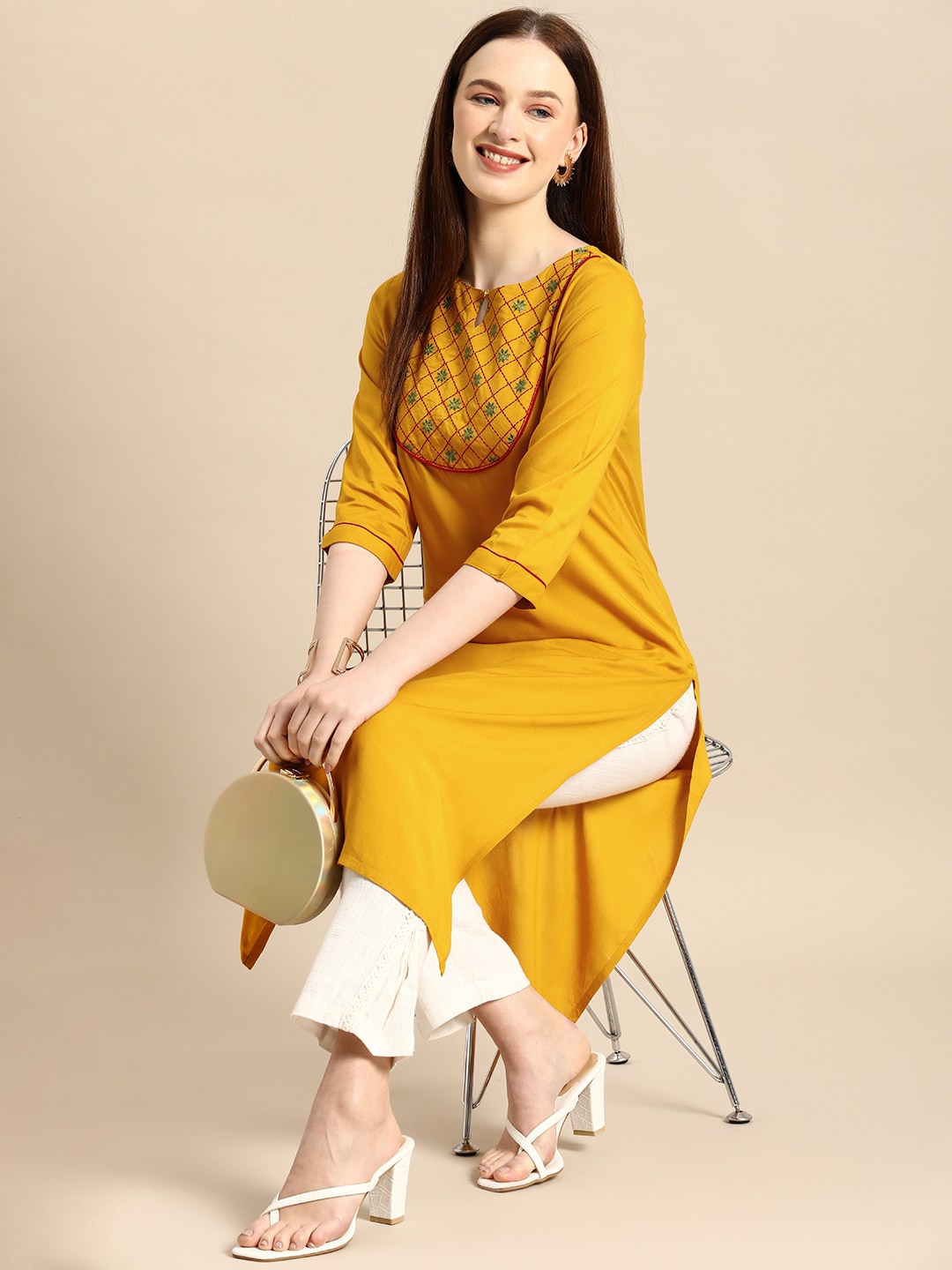 All About You Women Mustard Yellow Ethnic Motifs Yoke Design Keyhole Neck Straight Kurta - Distacart