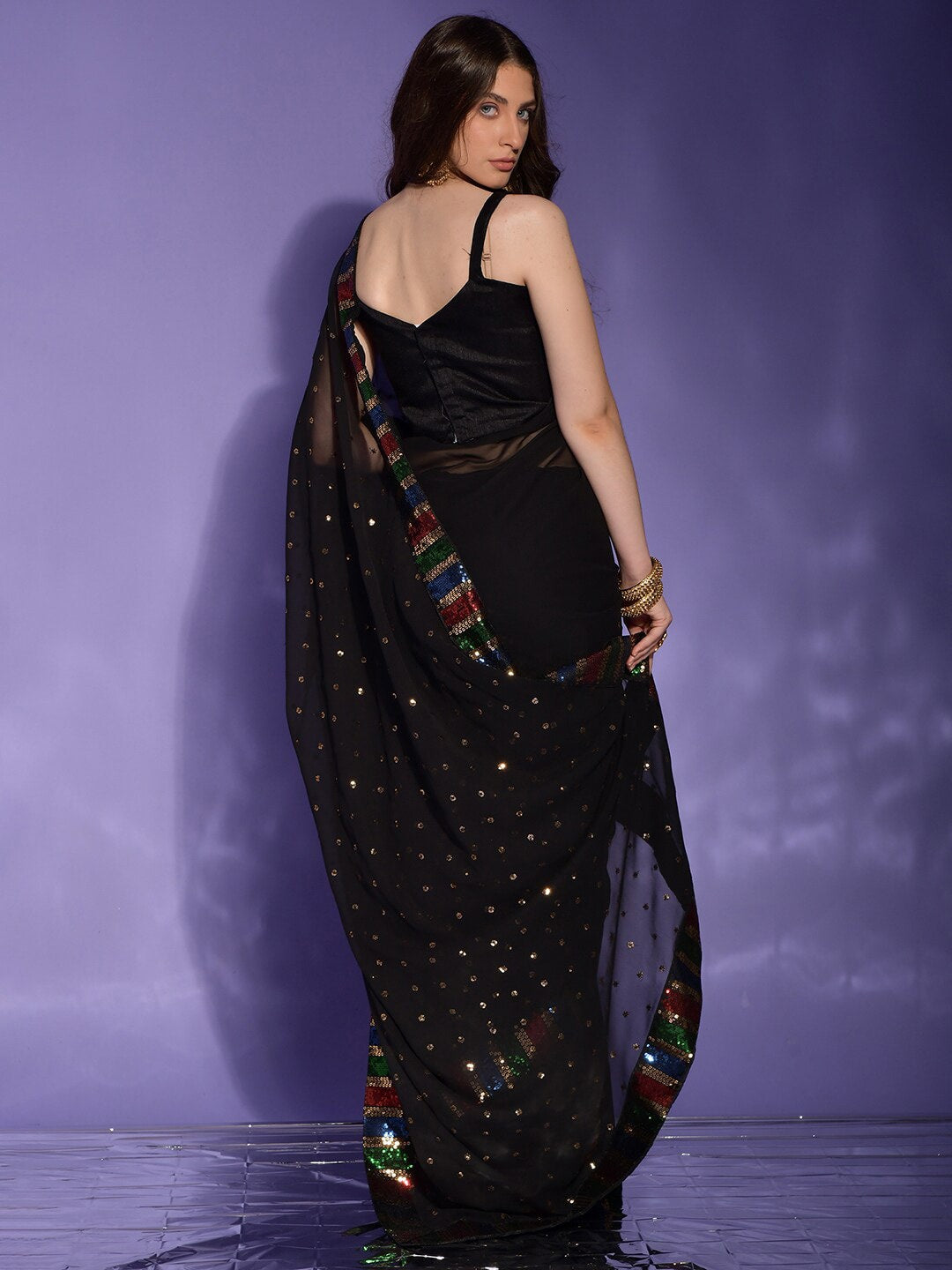 Anouk Black & Red Embellished Sequinned Pure Georgette Saree - Distacart