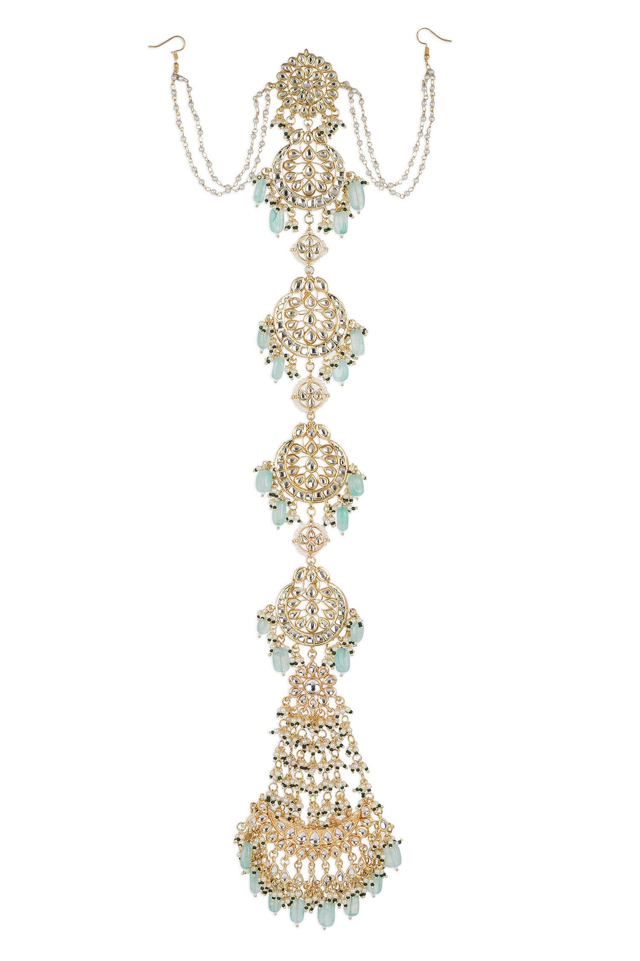 Gold-Plated White Blue Kundan-Studded Pearl Beaded Matha Patti - Ruby Raang - Distacart