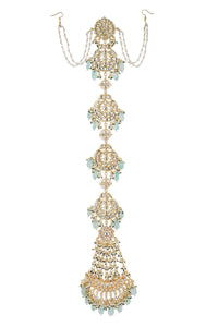 Thumbnail for Gold-Plated White Blue Kundan-Studded Pearl Beaded Matha Patti - Ruby Raang - Distacart