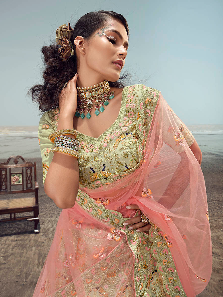 Pista Green And Golden Embroidered Designer Lehenga Choli