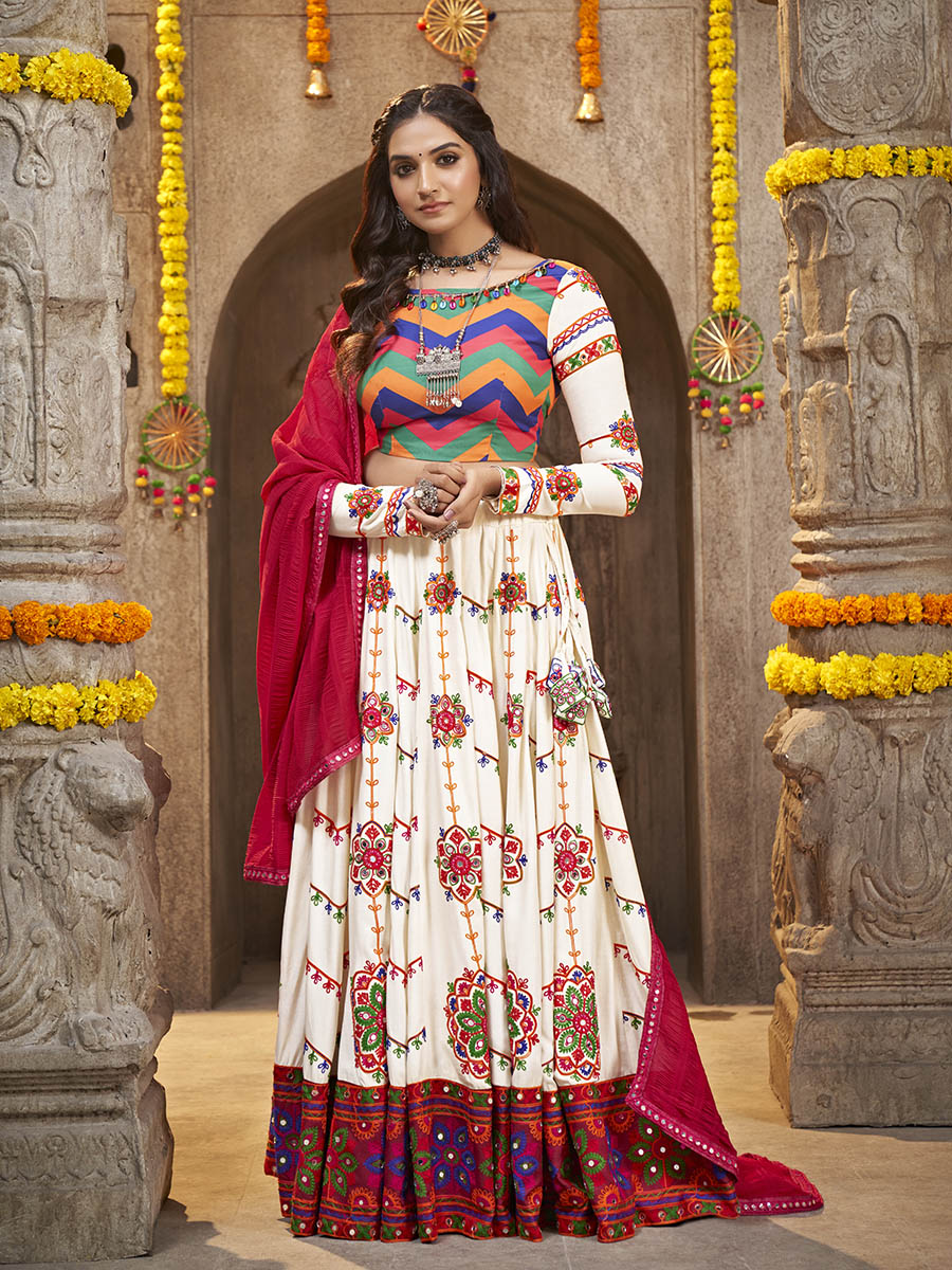 Buy Myra Pearl White Viscose Rayon and Cotton Embroidered with Print Designer Lehenga Online at Best Price Distacart