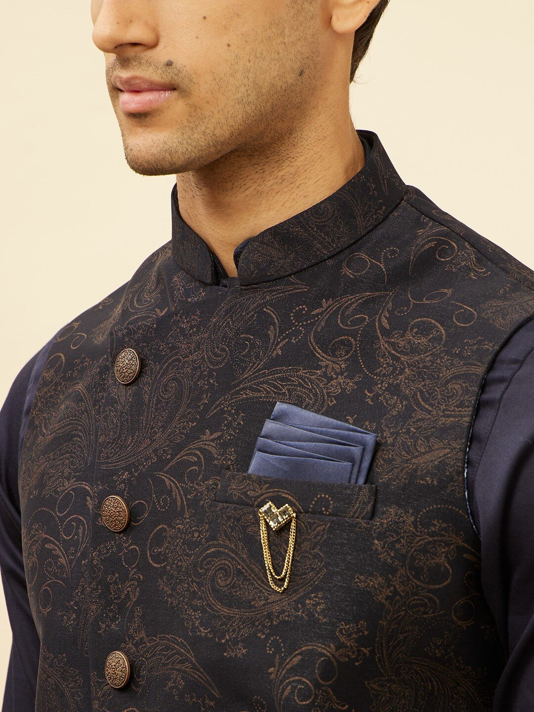 Buy Manyavar Blue Cotton Printed Full Sleeves Kurta Jacket & Pencil Pyjama  (Set of 3) online