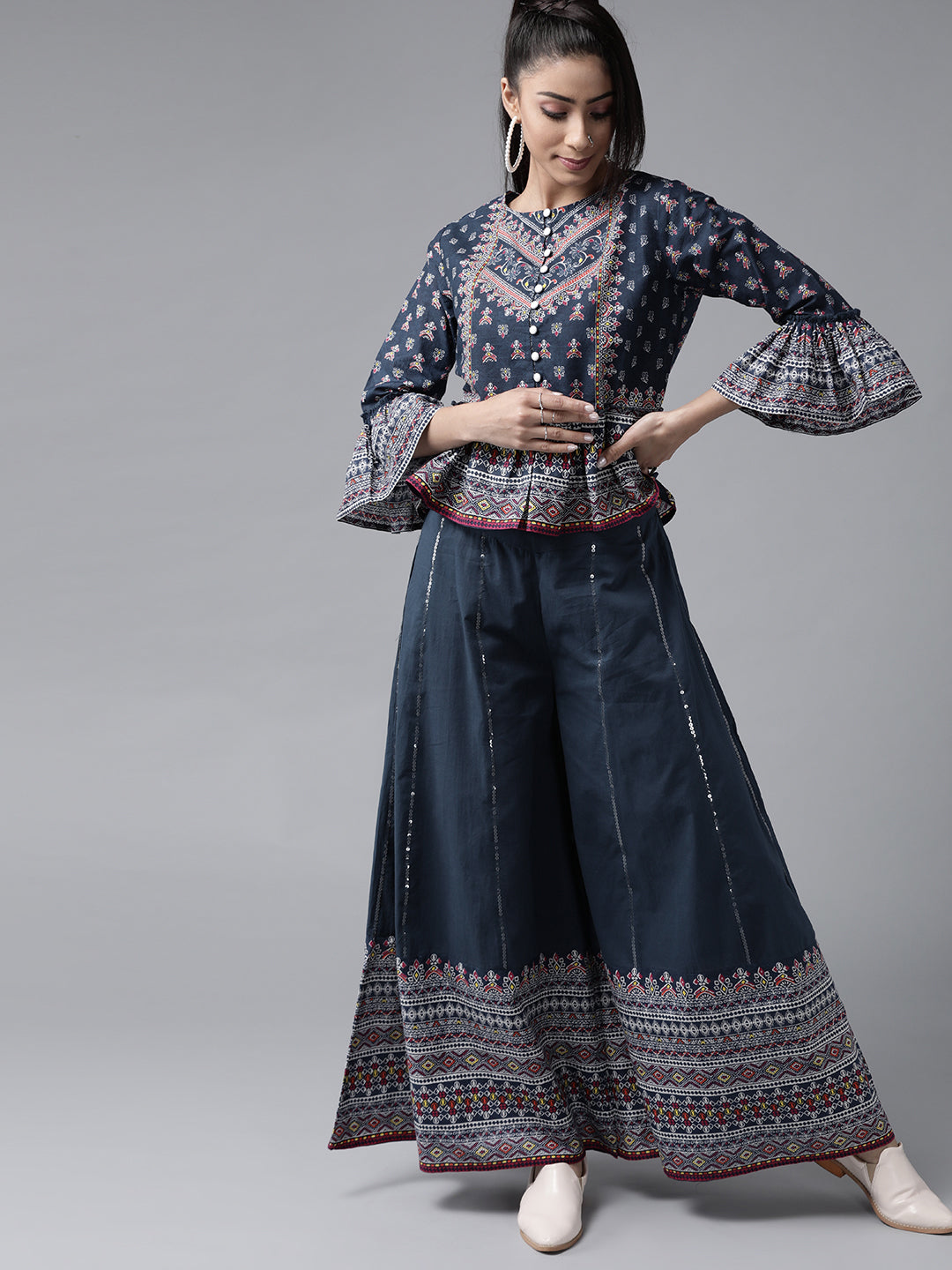 Buy Juniper Indigo Cotton Printed Flared Palazzo (Set of 2) online