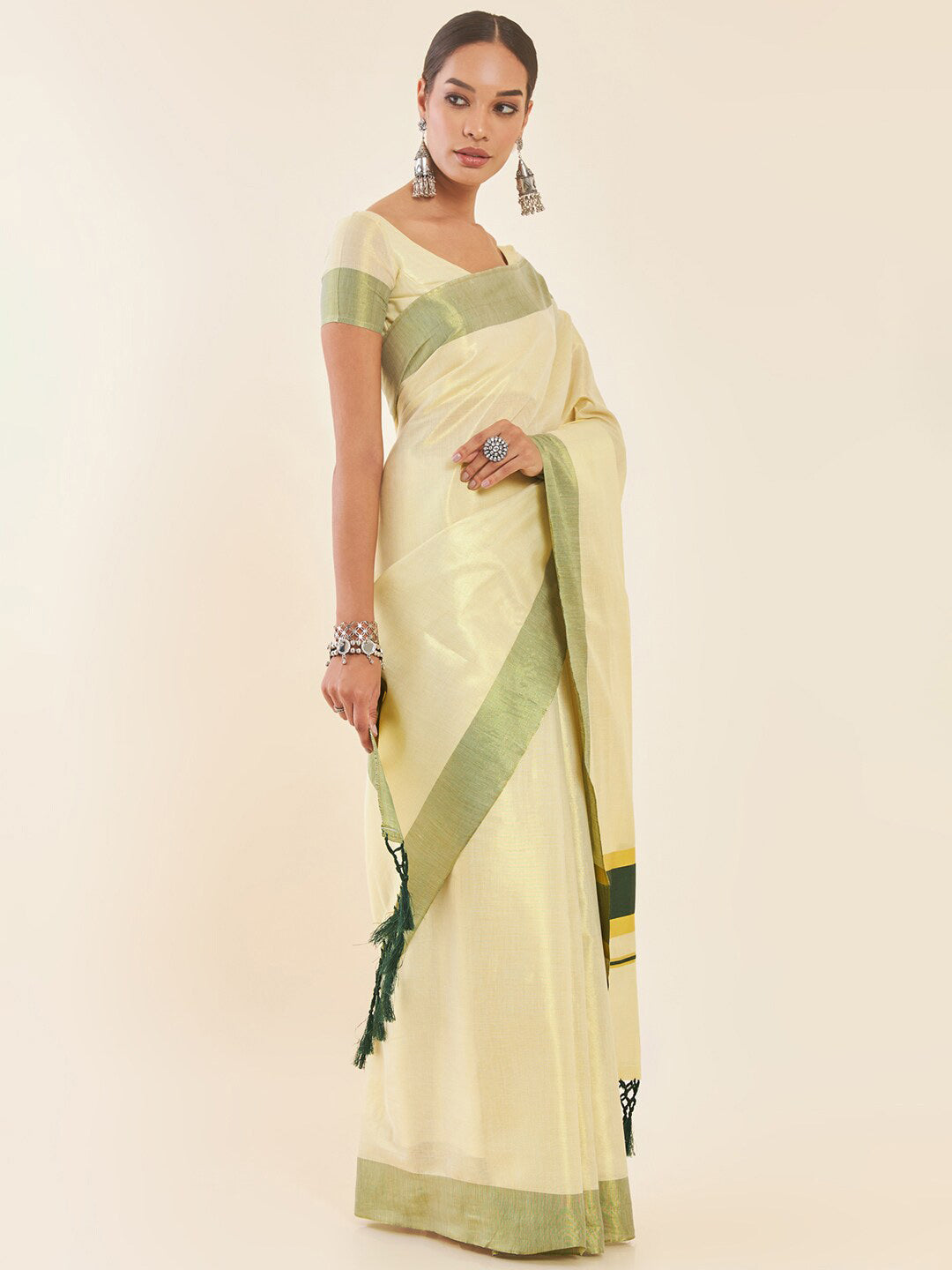 Soch Off White & Green Woven Design Zari Tissue Kasavu Saree - Distacart