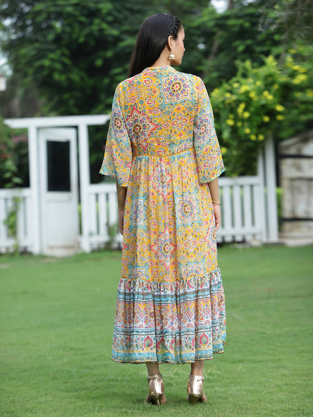 Buy Juniper Womens Mustard Chiffon Digital Printed Tiered Maxi Dress Online at Best Price Distacart